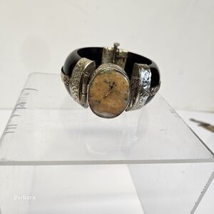 Vintage 70s Horn and Jasper Center Statement Cuff Bracelet